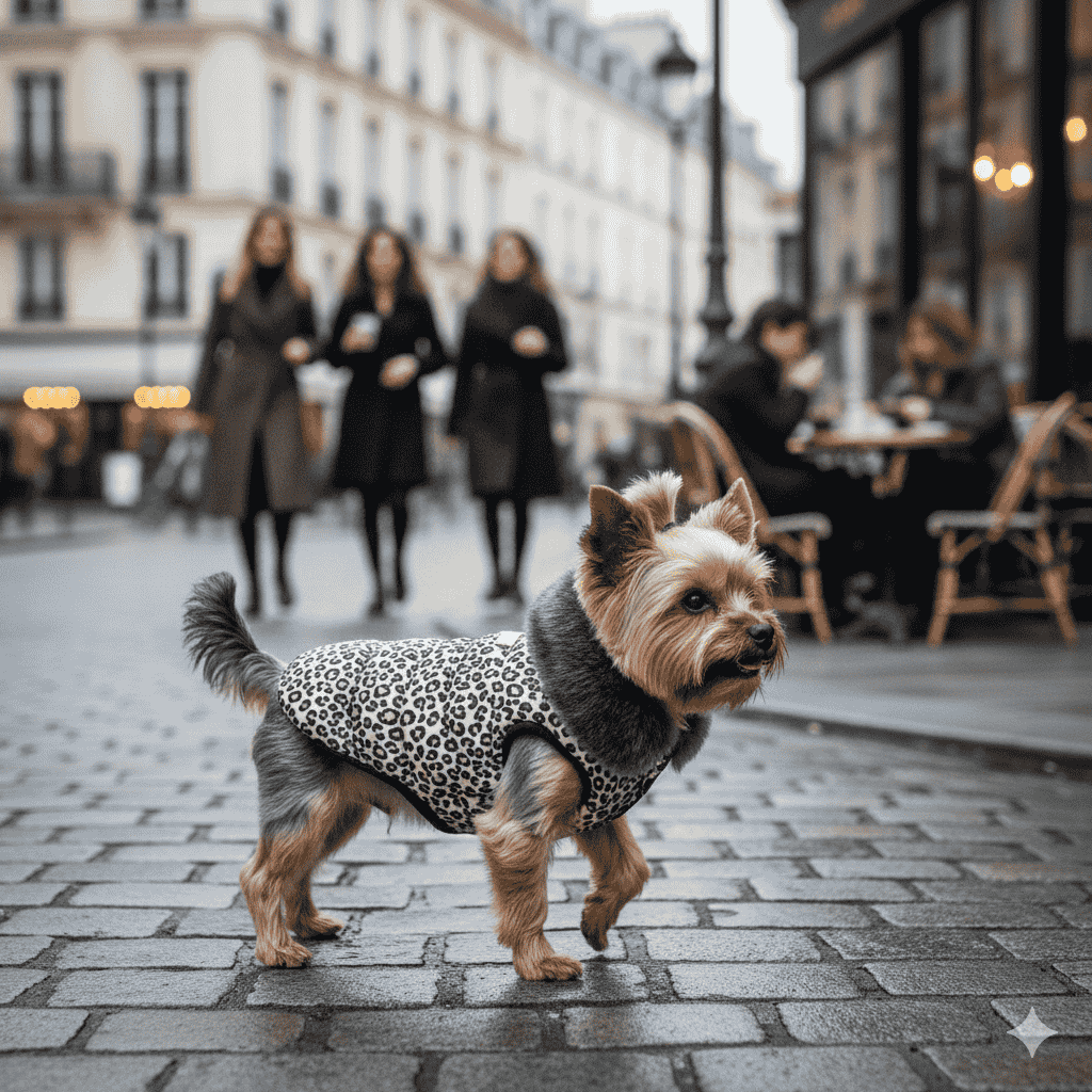 Dog wearing a leopard print and gray sweater on a city street