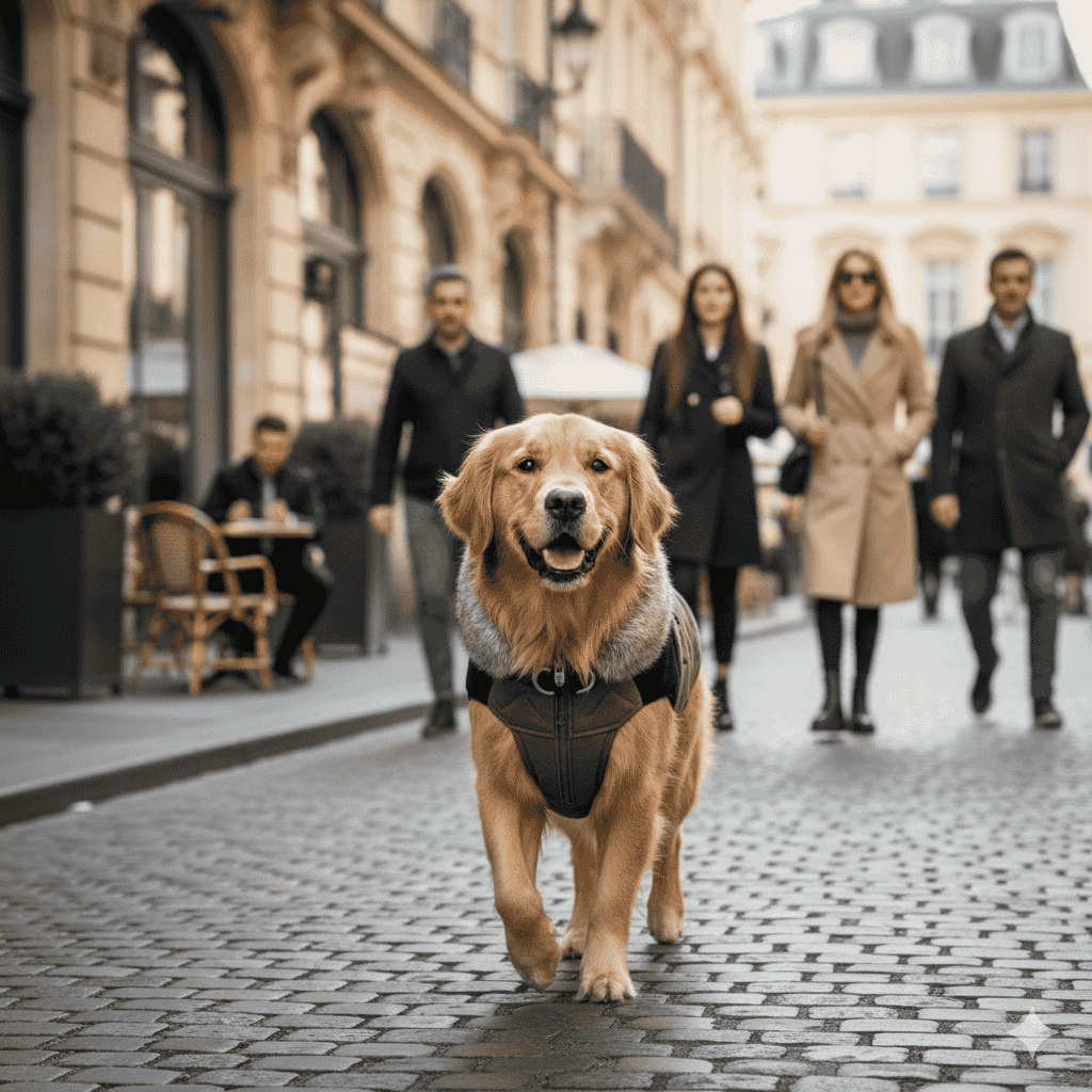 Dog walking on a cobblestone street with people in the background