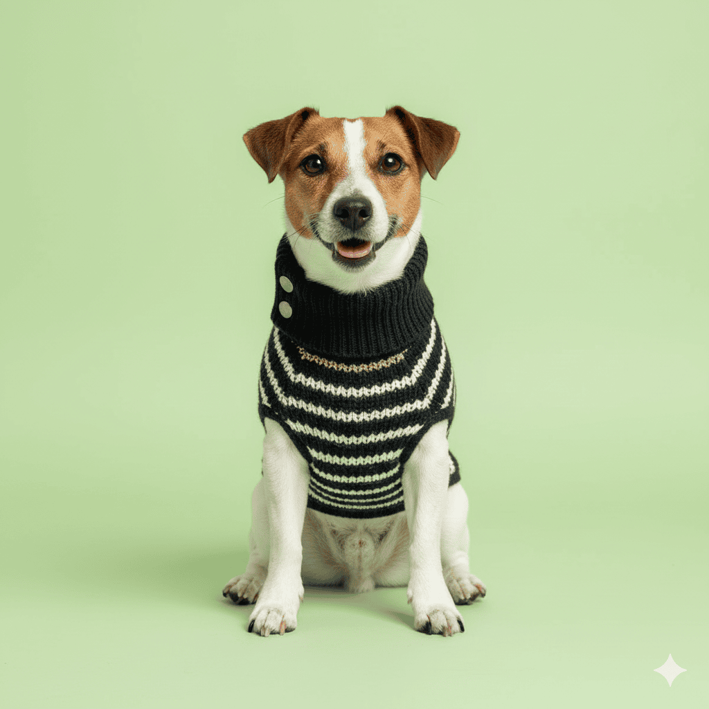 Dog wearing a black and white striped sweater on a light green background